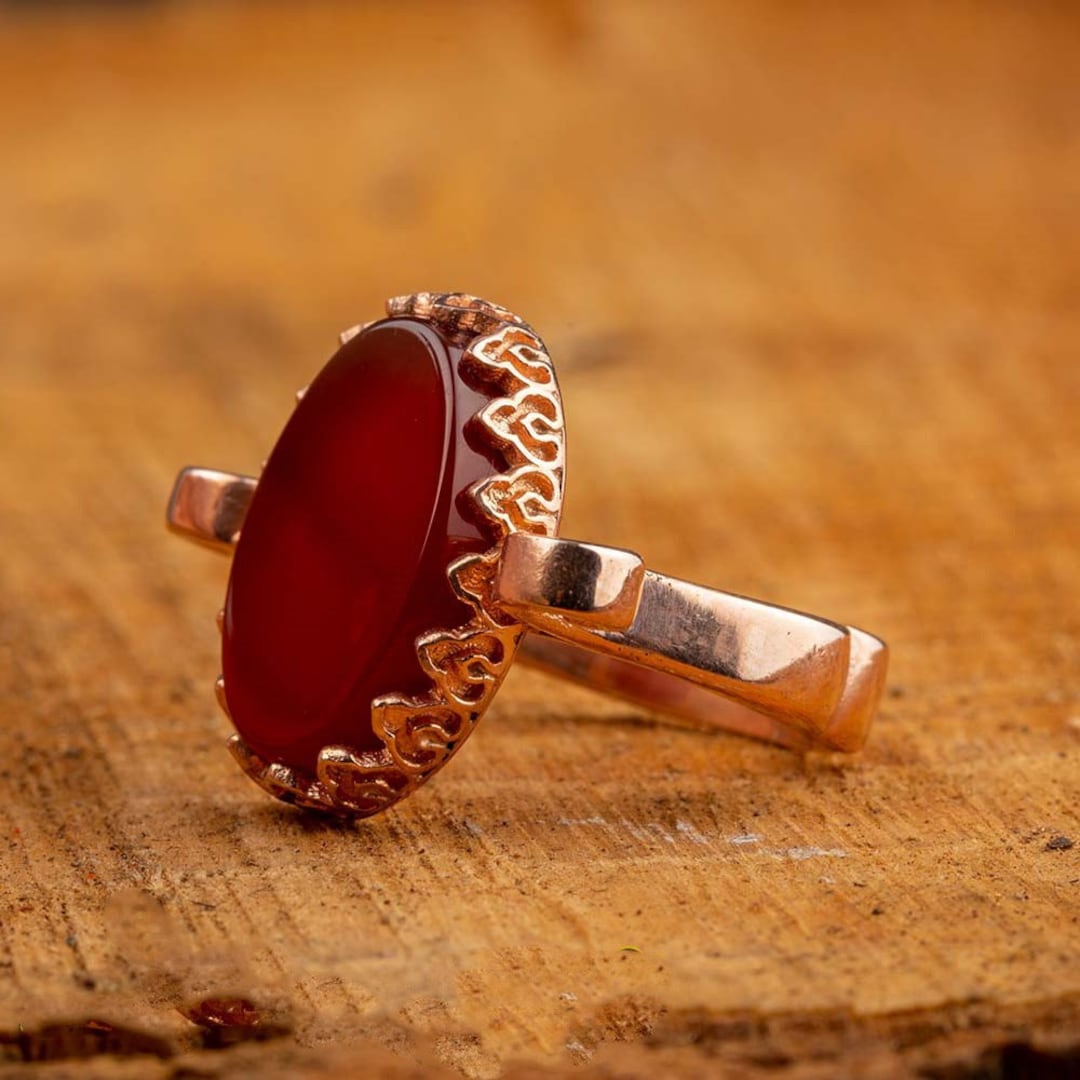 Red Aqeeq Rose Gold Plated Silver Women Ring, Silver Handmade