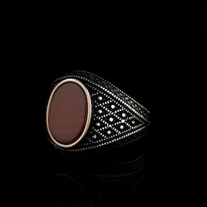 Red Yemeni Agate Oval Silver Men Ring, Silver Handmade Jewelry, 925 Sterling Silver, For Men, Red Yemeni Aqeeq - Agate