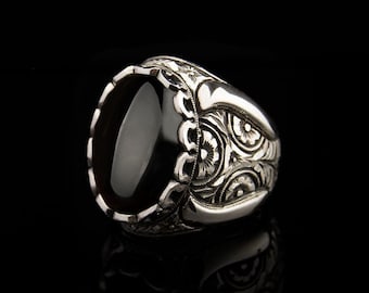 Oval Onyx Black Aqeeq Silver Men Ring, Silver Handmade Jewelry, 925 Sterling Silver, For Men, Black Aqeeq - Agate, Onyx