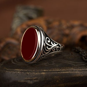 Red Agate Flat Silver Ring For Men, Silver Handmade Jewelry, 925 Sterling Silver, For Men, Red Yemeni Agate - Aqeeq