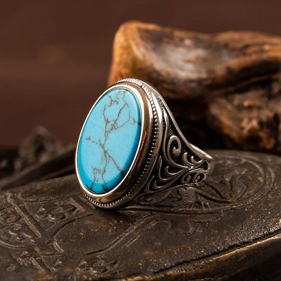 Turquoise Flat Silver Ring for Men Silver Handmade Jewelry 925