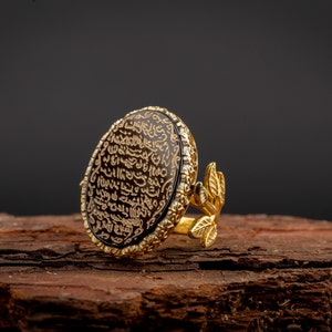 Ayat Al Kursi Black Aqeeq Gold Plated Silver Women Ring, Silver Handmade Jewelry, 925 Sterling Silver, For Women, Gift For Her, Black Agate