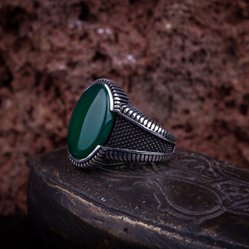 Oval Green Aqeeq Men Ring, Silver Handmade Jewelry, 925 Sterling Silver, For Men, Green Aqeeq Agate image 1