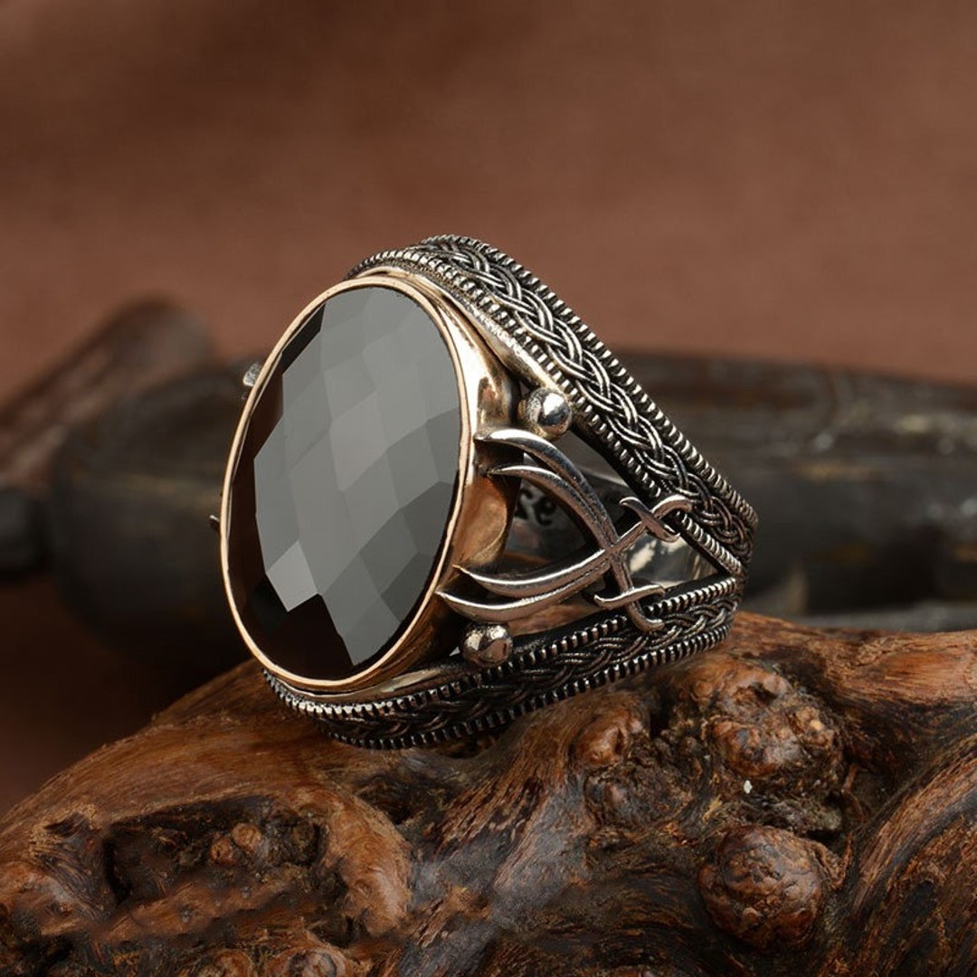 リング(指輪) SILVER925 DOUBLE BLACK STONE DESIGN RING Black Zircon Silver Men Ring With Double Swords Figure, Silver