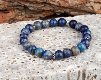 Lapis Lazuli Elastic Beaded Bracelet, Glossy Stretch Cord Bracelet, Unisex Gemstone Bracelet, Men, Women, Unisex