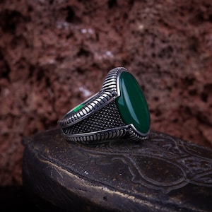 Oval Green Aqeeq Men Ring, Silver Handmade Jewelry, 925 Sterling Silver, For Men, Green Aqeeq Agate image 3