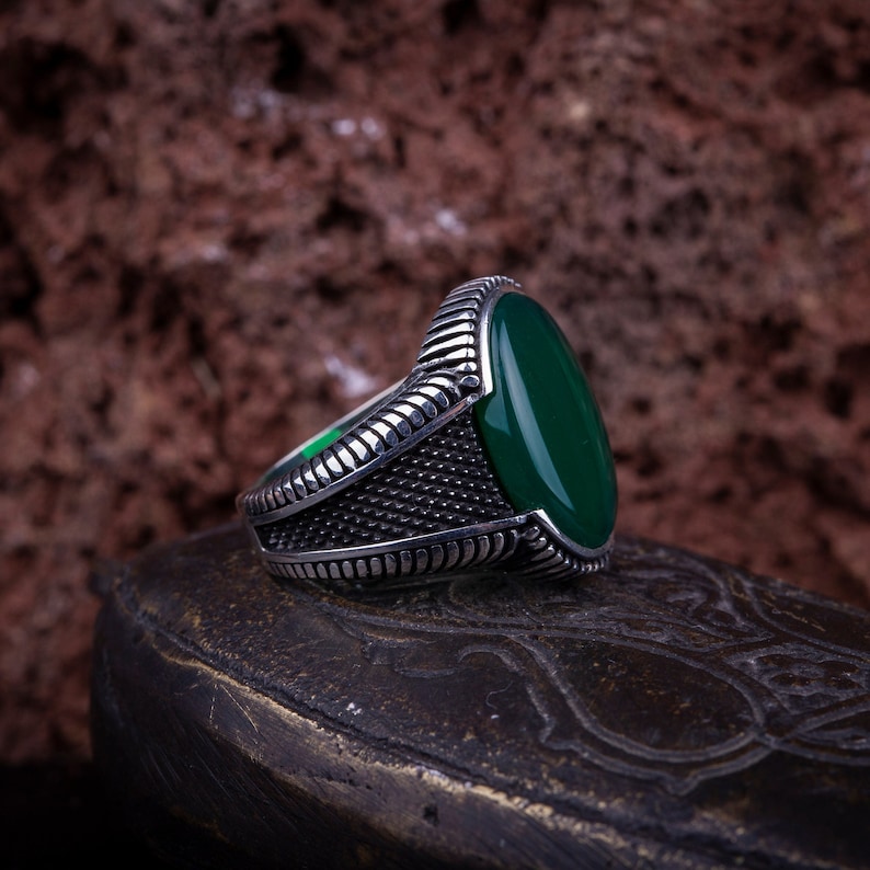 Oval Green Aqeeq Men Ring, Silver Handmade Jewelry, 925 Sterling Silver, For Men, Green Aqeeq Agate image 3