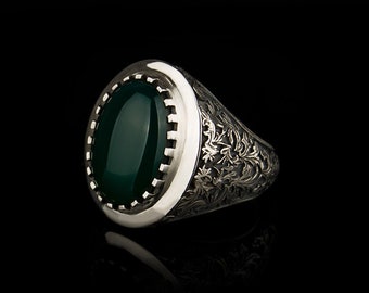 Green Aqeeq Silver Men Ring, Silver Handmade Jewelry, 925 Sterling Silver, For Men, Green Aqeeq - Agate