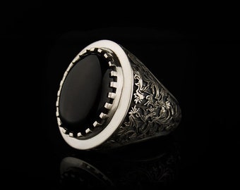 Black Aqeeq Onyx Silver Men Ring, Silver Handmade Jewelry, 925 Sterling Silver, For Men, Black Aqeeq - Agate, Onyx