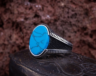 Bague Ovale Turquoise Homme, Bijoux Faits à la Main en Argent, Argent Sterling 925, Pour Hommes, Feroza, Turquoise, Bleu