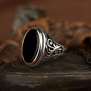 Onyx Black Flat Silver Ring For Men, Silver Handmade Jewelry, 925 Sterling Silver, For Men, Black Aqeeq - Agate, Onyx