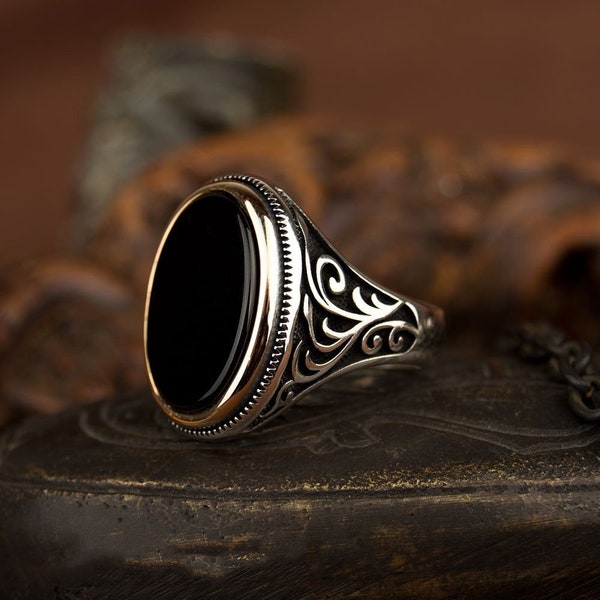 Onyx Schwarz Flacher Silber Ring für Männer, Silber Handgemachter Schmuck, 925 Sterling Silber, Für Männer, Schwarz Aqeeq - Achat, Onyx