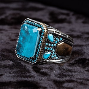 Rectangle Blue Quartz Silver Men Ring with Turquoise Stones, Silver Handmade Jewelry, 925 Sterling Silver, For Men, Quartz, Turquoise - Blue