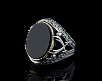 Black Aqeeq Silver Men Ring with Double Swords, Silver Handmade Jewelry, 925 Sterling Silver, For Men, Black Aqeeq - Agate, Onyx