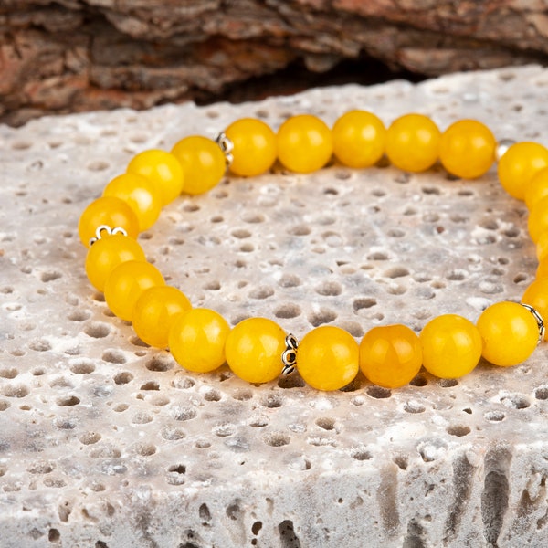 Yellow Aqeeq - Agate Elastic Beaded Bracelet, Glossy Stretch Cord Bracelet, Unisex Gemstone Bracelet, Men, Women, Unisex