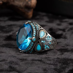 Blå zirkon mikroturkos sidor herrring, silver handgjorda smycken, 925 sterlingsilver, för män, blå zirkon, blå