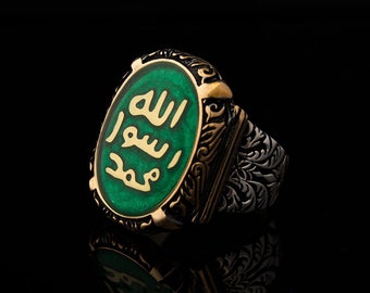 Sello del profeta Muhammad Green Mina Silver Ring, 925 Sterling Silver, For Men, Gift for Him, Seal of Muhammad, Islamic Men Ring, Green Mina