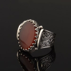 Flat Red Agate Silver Men Ring, Silver Handmade Jewelry, 925 Sterling Silver, For Men, Red Aqeeq - Agate