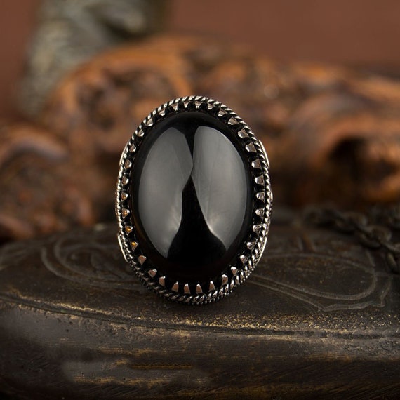 Onyx Big Oval Black Aqeeq Silver Ring, Silver Handmade Jewelry
