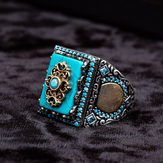 Rectangular Mens Turquoise Rings Turquoise Feroza Rectangle Silver