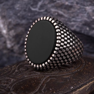 Grid Pattern Silver Black Aqeeq Men Ring, Silver Handmade Jewelry, 925 Sterling Silver, For Men, Black Aqeeq - Onyx, Black