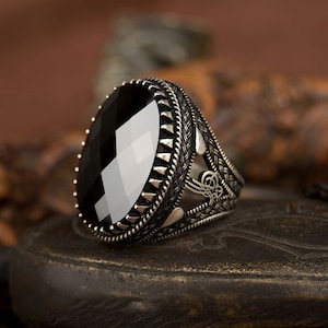 Big Oval Faced Cut Black Zircon Silver Ring, Silver Handmade Jewelry, 925 Sterling Silver, For Men, Black Zircon