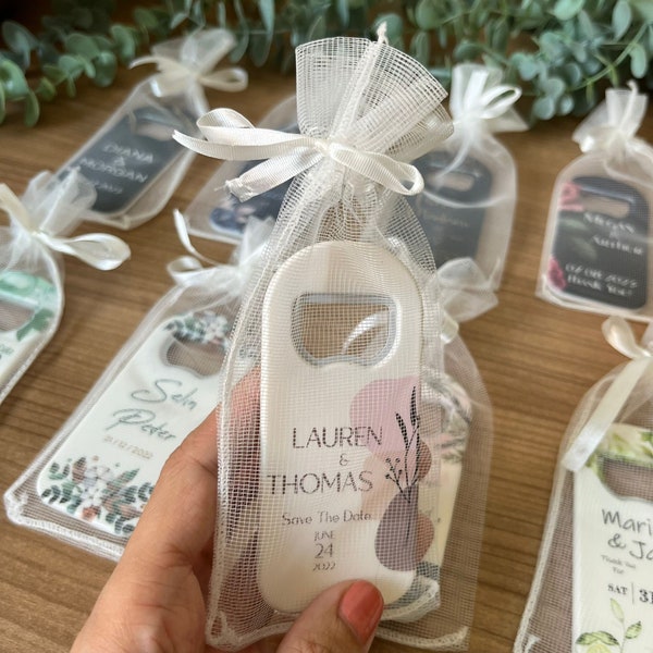 Bulk Wedding Bottle Opener with organza pouch, Party Favor, Wedding favors, Magnetic Bottle Opener, Personalized Gifts, Tulle pouch