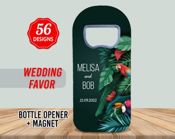 Customizable Wedding Favor For Guests in Bulk, Wedding Thank You Favor, Save The Date Magnet, Custom Cap Opener, Palm Design, Green Leaf