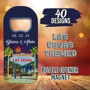 Recuerdo de boda personalizable con temática de Las Vegas para invitados, recuerdo de agradecimiento de boda, regalo de boda personalizado, abridor de botellas magnético
