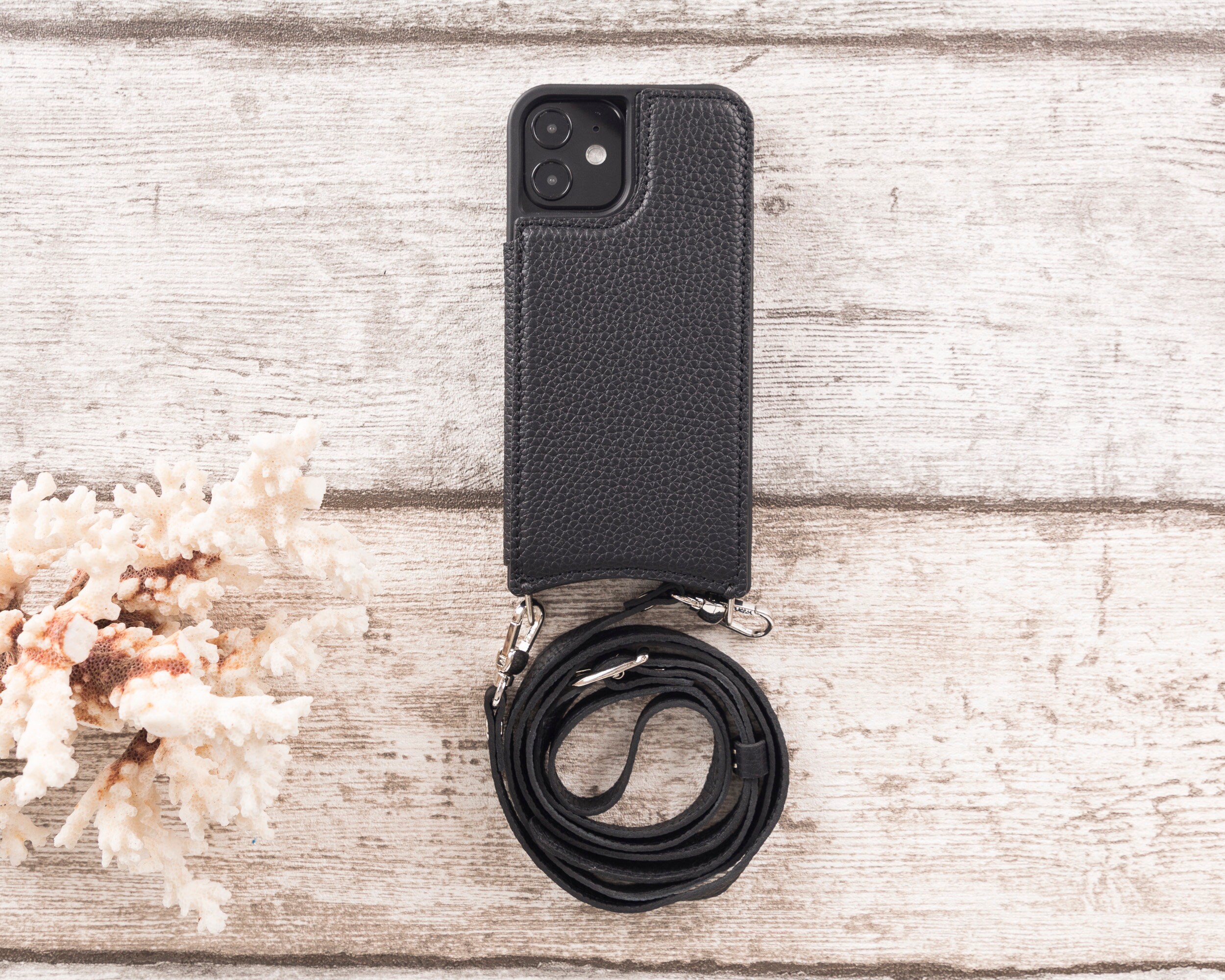 Black Crossbody Phone Case for iPhone 12 / 12 Pro, Genuine Leather iPhone 12 / 12 Pro Case With