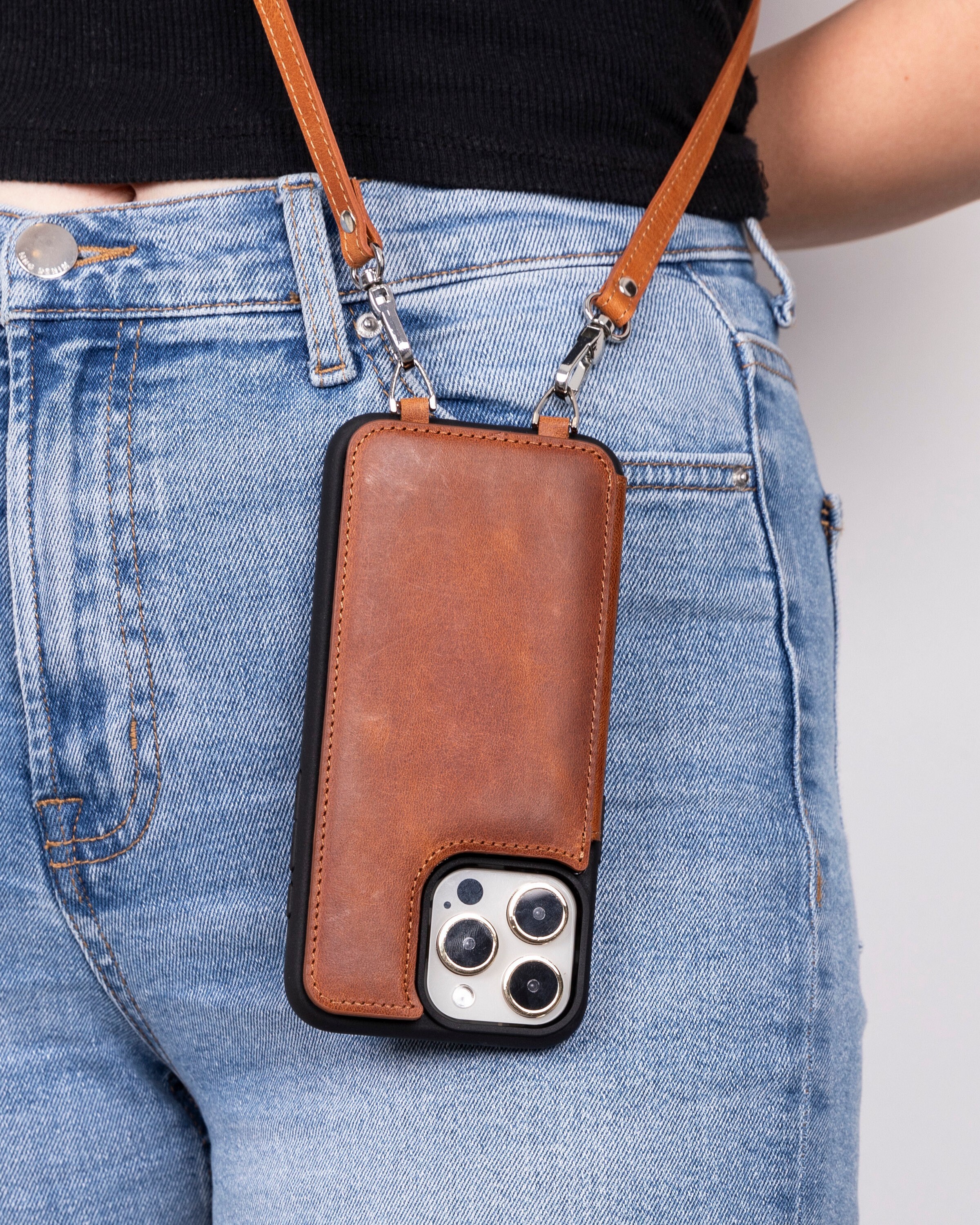 Crossbody Phone Case for iPhone 15 Pro Max Full Grain Leather 