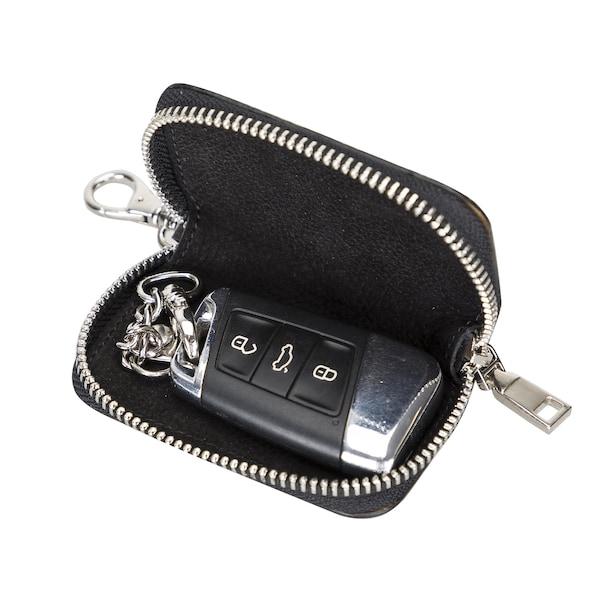 Floater Black Genuine Leather Custom Key Holder Pouch, Car Key Case, Keychain Holder with a Key Ring and Zipped Case