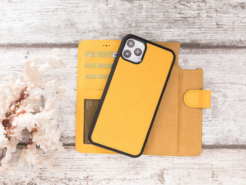 Horizontal Stand Floater Yellow Personalized Bayelon Genuine Quality Leather Case with Card SlotsApple iPhone 11 ProMax 6.5,Wallet Case