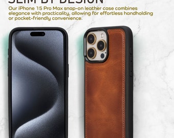 iPhone 15 Pro Max Snap-on Case, Personalized Genuine Leather iPhone 15 ProMax Case Magsafe Compatible 15 Pro Max Back Cover -Vintage Brown