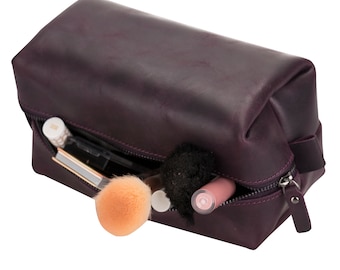 Leather Makeup Bag, Bridesmaid Gift, Full Grain Leather Makeup Organizer Bag, Cosmetic Pouch with Zippered Pocket, Bridesmaid Favor - Purple