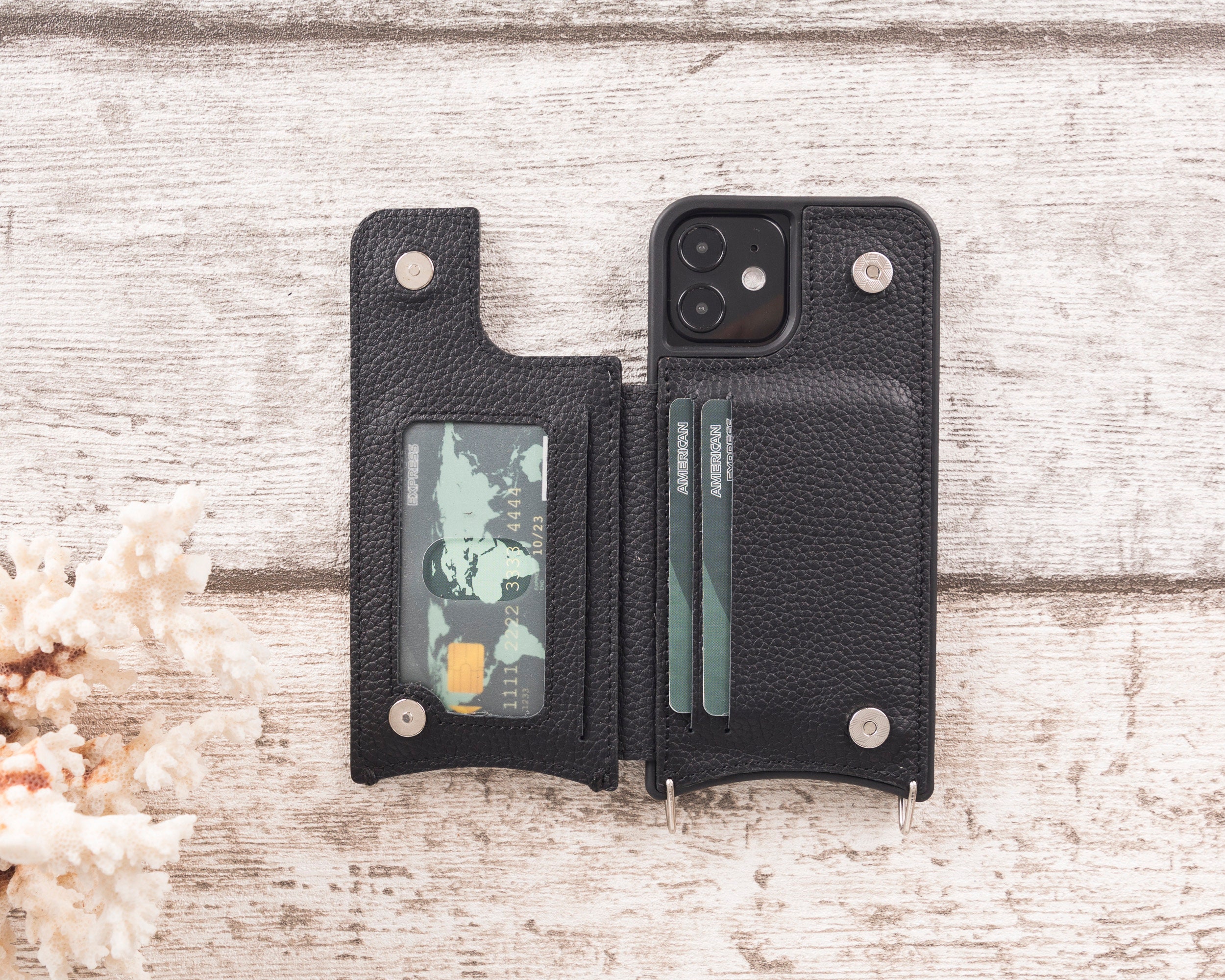 Black Crossbody Phone Case for iPhone 12 / 12 Pro, Genuine Leather iPhone 12 / 12 Pro Case With