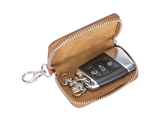 Personalized Leather Key Holder Pouch, Full Grain Leather Car Custom Key Case, Keychain Holder with a Key Ring and Zipper (Rustic Tan)