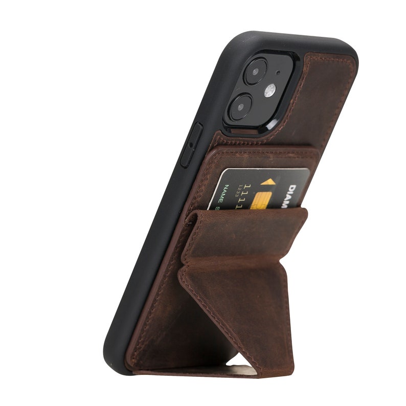 Personalizable Bayelon Genuine Leather Antique Brown Maggy Stand Cases for iPhone 1212 Pro 6.1