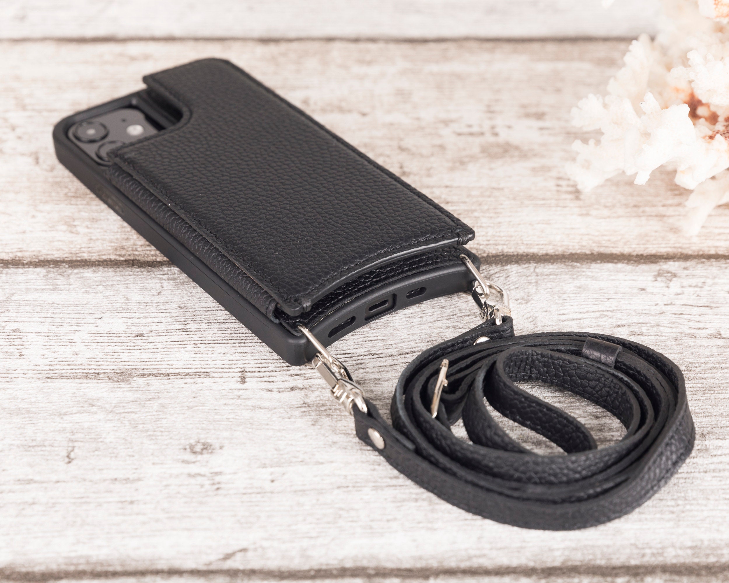 Black Crossbody Phone Case for iPhone 12 / 12 Pro, Genuine Leather iPhone 12 / 12 Pro Case With