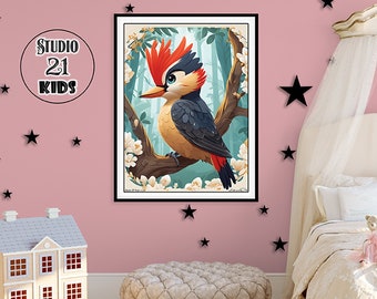 Woodpecker Print, Cute Woodpecker Poster, Bird prints, Nursery Wall Art, Neutral Nursery Art, Baby Shower Gift, Woodland animals