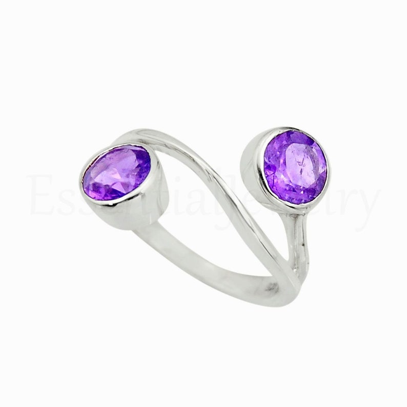 Faceted Stone 925 Sterling Silver Sale Ring Round Gemstone Statement Ring Gift Jewelry Double Amethyst Stone Ring Silver Band Ring