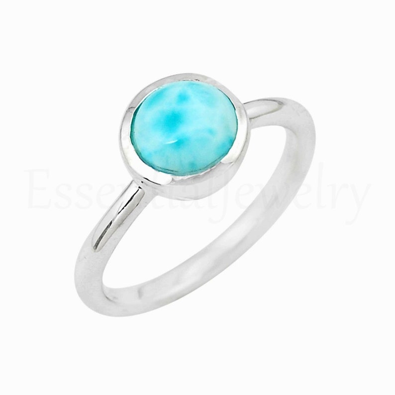 925 Sterling Silver Statement Ring Gift Jewelry Simple Larimar Ring Simple Band Ring Round Gemstone Cabochon Stone Women/'s Jewelry