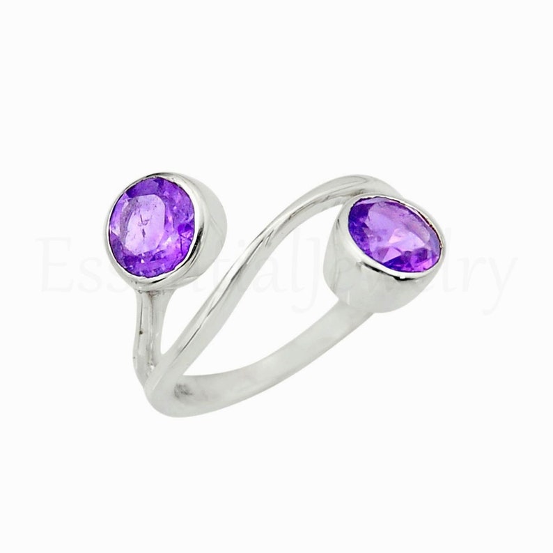 Faceted Stone 925 Sterling Silver Sale Ring Round Gemstone Statement Ring Gift Jewelry Double Amethyst Stone Ring Silver Band Ring
