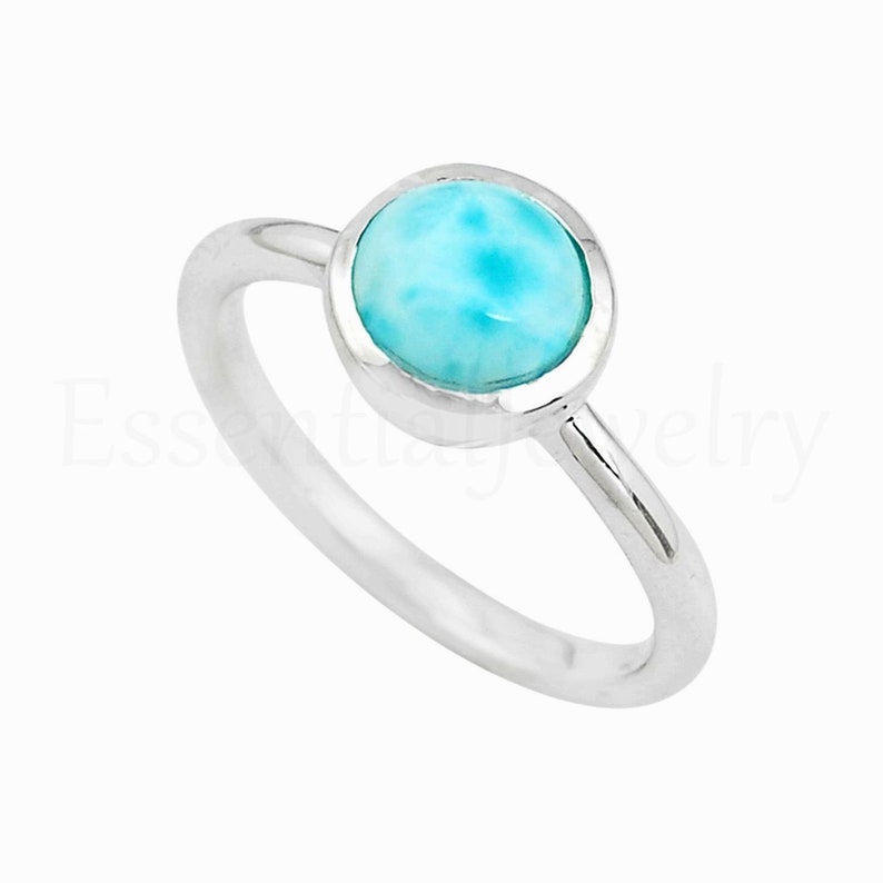 925 Sterling Silver Statement Ring Gift Jewelry Simple Larimar Ring Simple Band Ring Round Gemstone Cabochon Stone Women/'s Jewelry