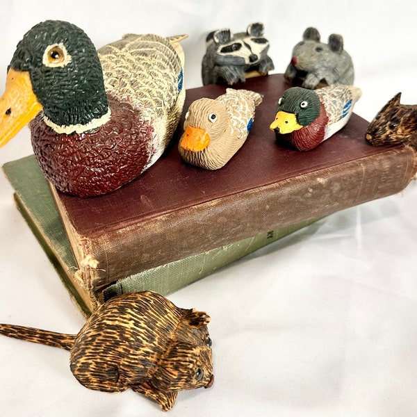 Rare Wood Carvings of Earl Houck Vintage Wood Mallards and Other Animals, Folk Art, Collectors Wood Art