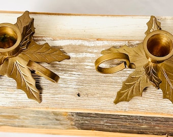 Brass Candlestick Holders, Holly leaf, Vintage Christmas, Vintage Decor