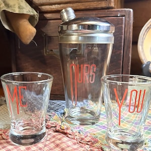 Vintage Art Deco Cocktail Set: Shaker & Glasses, &quot;Me You Ours&quot;