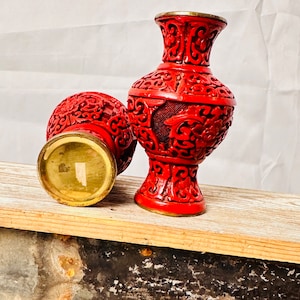 Pair of Mid-Century Candle Holders, Red Chinese Carved Lacquer Candleholders