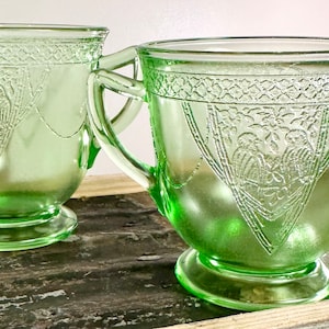 1930s Green Depression Glass Sugar and Creamer Set in Georgian Lovebird