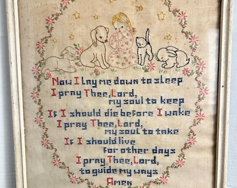Cross Stitch 1940s Vintage Christian Sleep Prayer for Children Antique Glass Framed Stitch Art